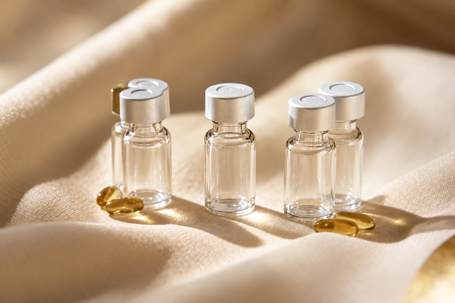 Small clear peptide vials on warm ivory linen