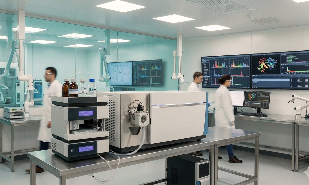 Scientists working with advanced mass spectrometry laboratory equipment in warm beige tones