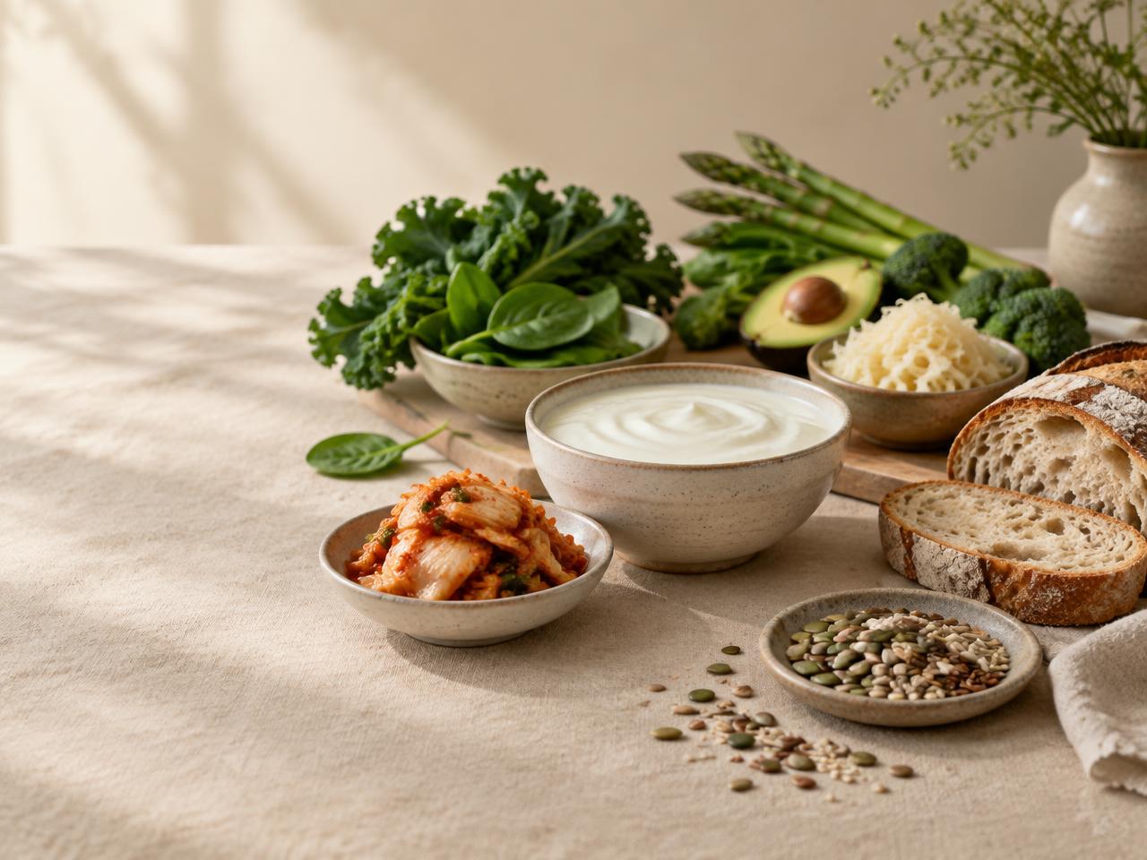 Bowls of yoghurt, fermented vegetables and fresh fibre-rich foods on warm beige linen