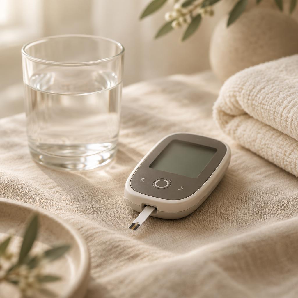 Blood glucose meter resting on soft warm linen in natural morning light